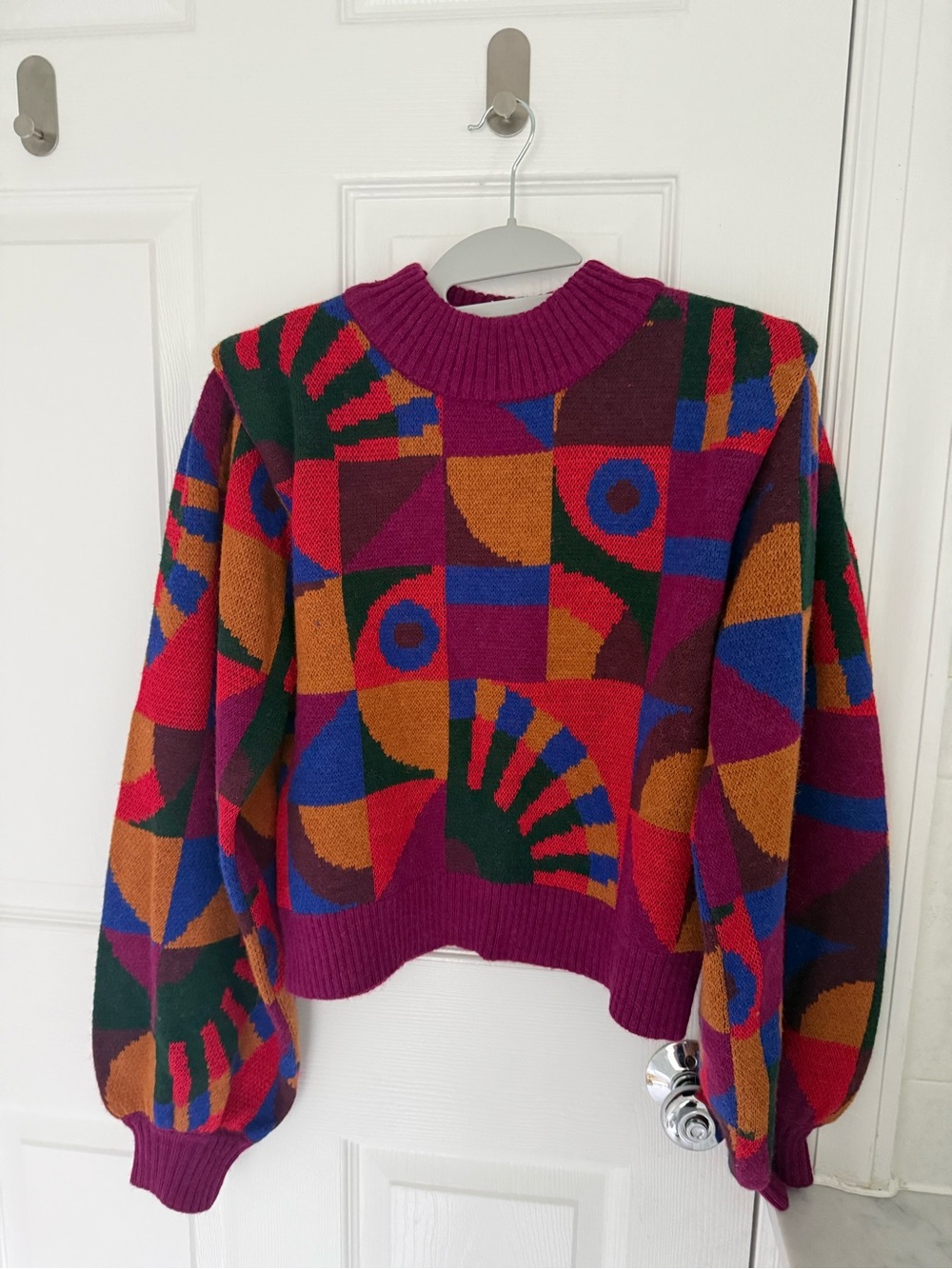 FARM Rio Geometric Crewneck Sweater in Magenta, Red, Blue, Green, Orange, Brown